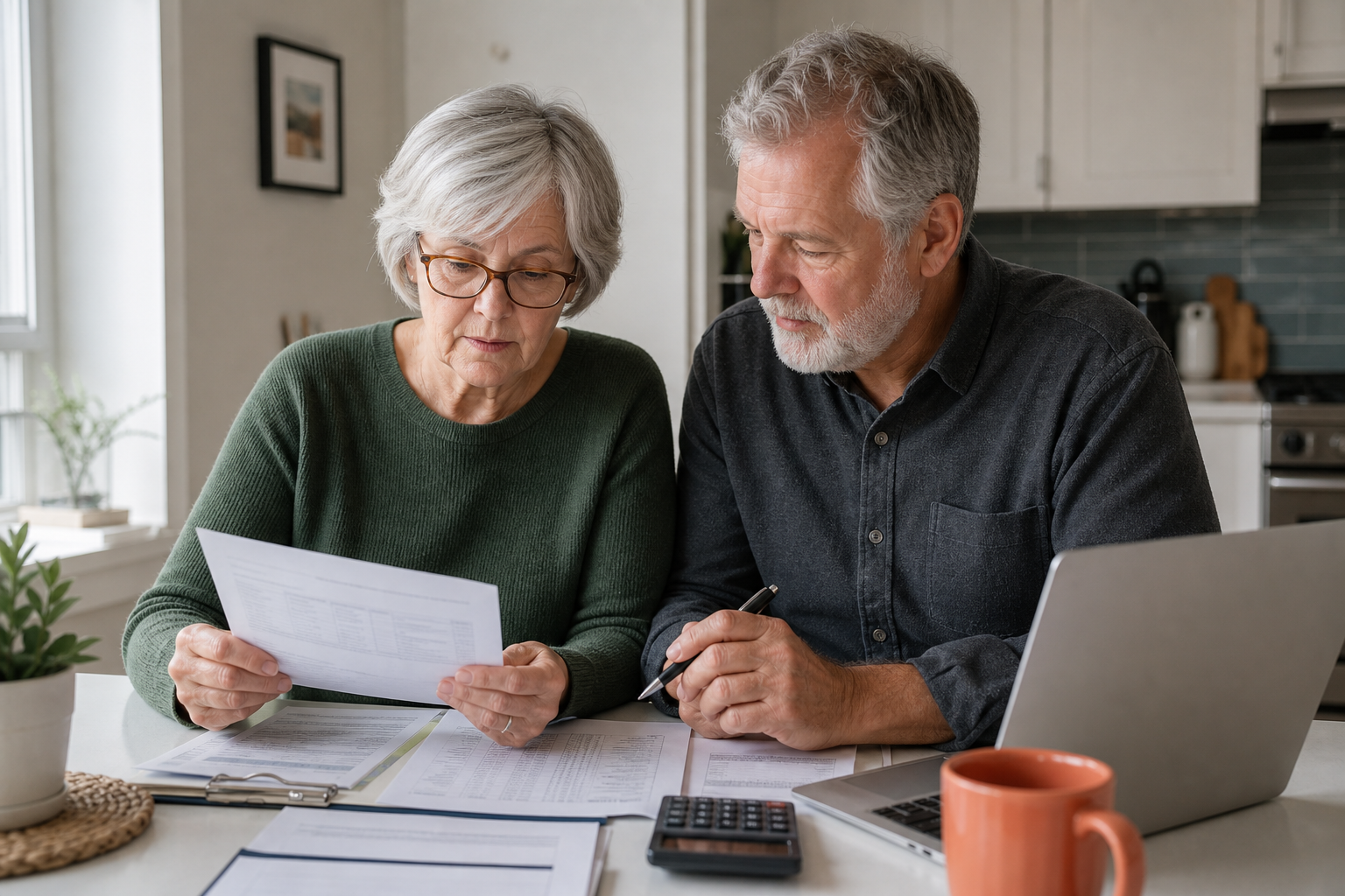 Older couple reviewing retirement income and Medicare planning documents at a kitchen table